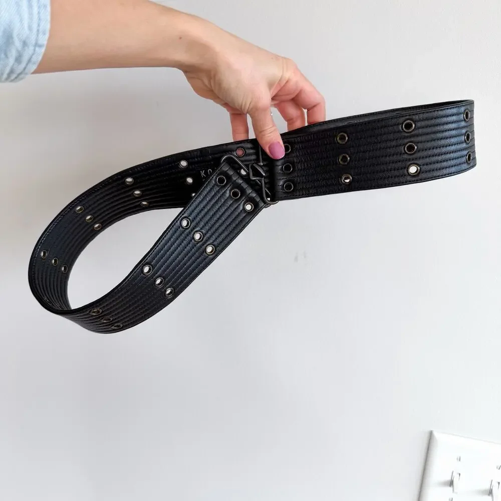 Michael Kors Leather Buckle Closure Triple Prong Grimmets Belt Black L